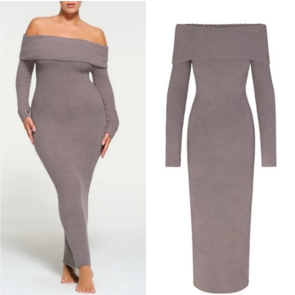 SKIMS Off-Shoulder Long Sleeve Dress in Taupe
